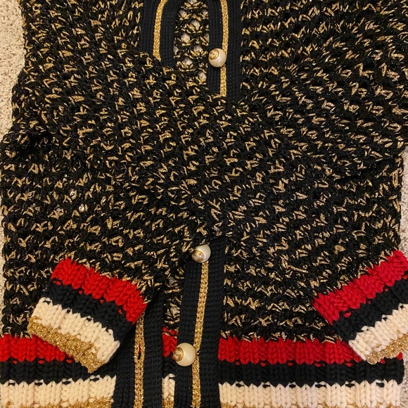 NWT Gucci sweater size S. Beautiful Pearl GG buttons. Black sweater/gold/red - Picture 5 of 6